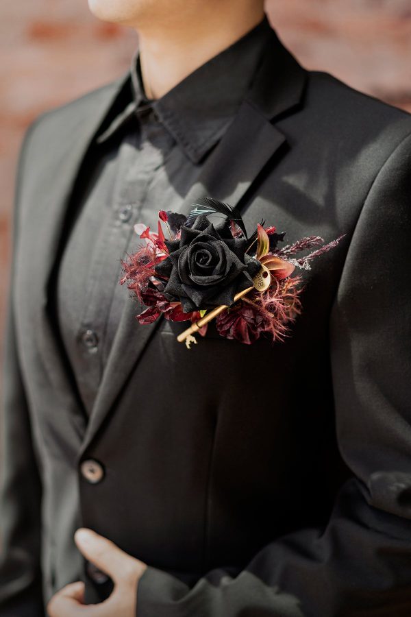 Pocket Square Boutonniere for Groom in Moody Burgundy & Black For Discount - Image 2