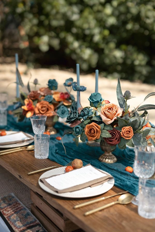 Flash Sale | Large Floral Centerpiece Set in Dark Teal & Burnt Orange Sale - Image 2
