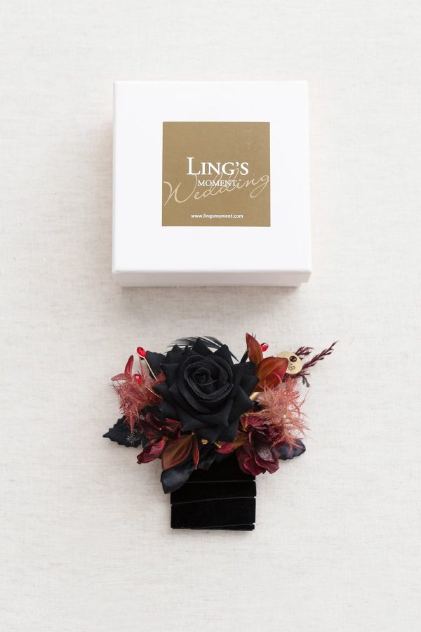 Pocket Square Boutonniere for Groom in Moody Burgundy & Black For Discount - Image 4