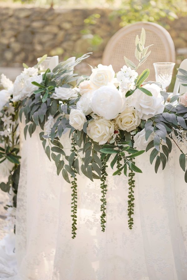 9ft Head Table Flower Garland in White & Sage For Sale - Image 5
