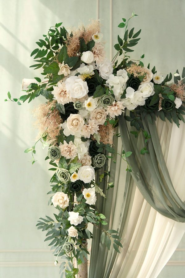 Flower Arch Decor with Drapes in Emerald & Tawny Beige For Sale - Image 3