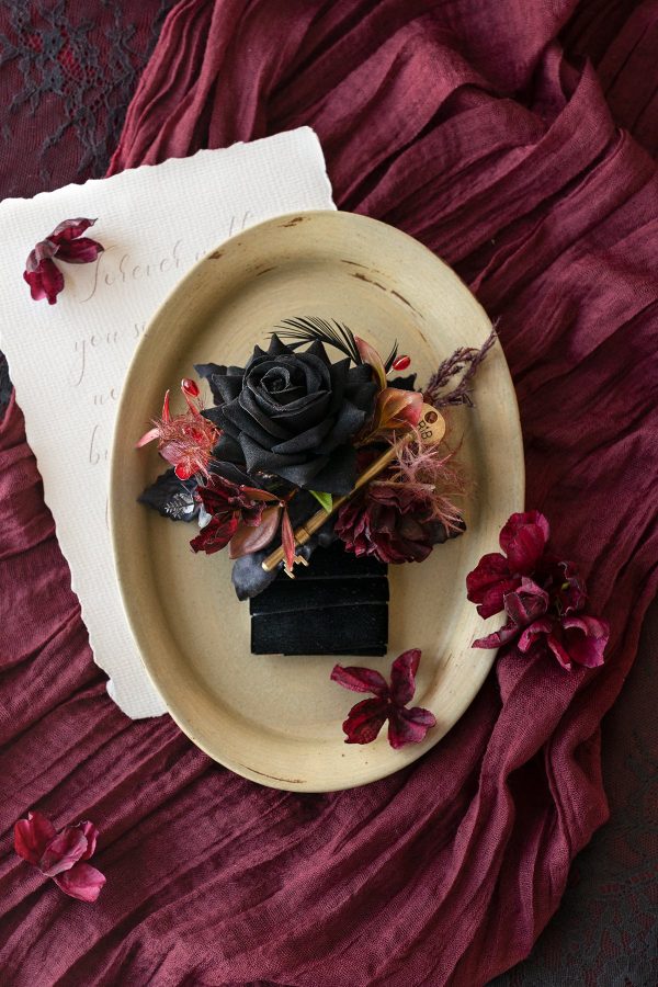 Pocket Square Boutonniere for Groom in Moody Burgundy & Black For Discount - Image 3