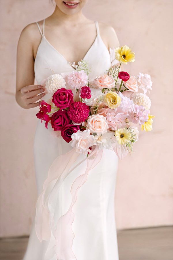 Small Free-Form Bridal Bouquet in Passionate Pink & Blush For Sale - Image 3