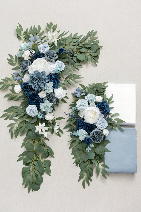 Flower Arch Decor with Drapes in Dusty Blue & Navy For Discount - Image 5